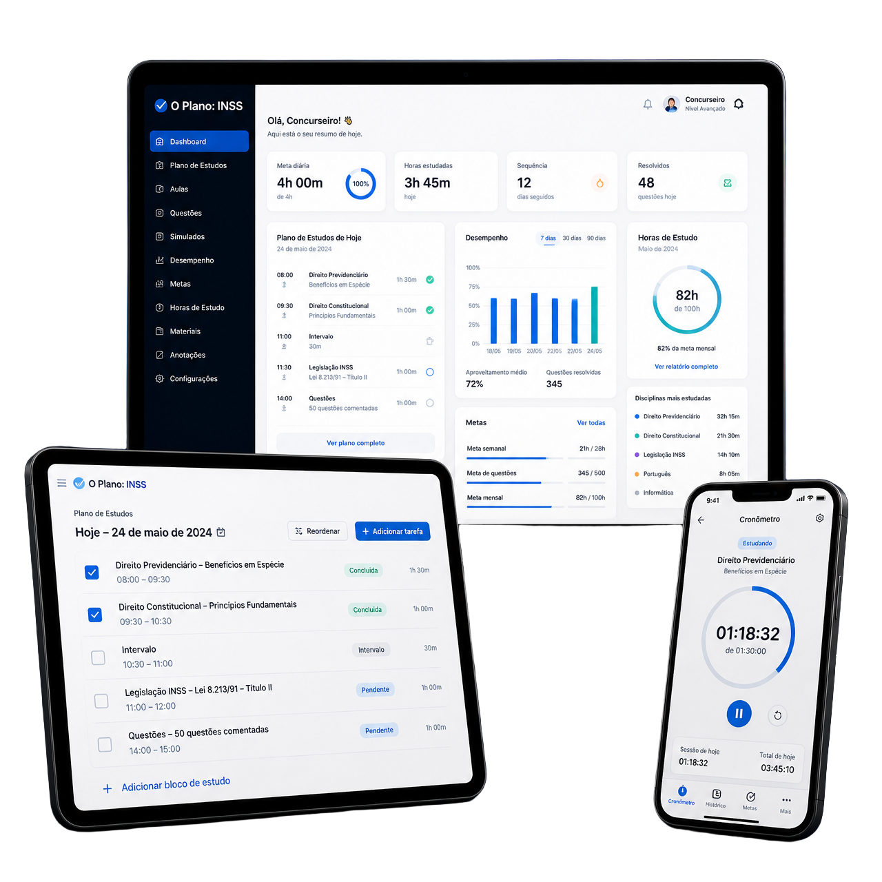 Mockup do webapp O Plano: INSS em notebook, tablet e smartphone